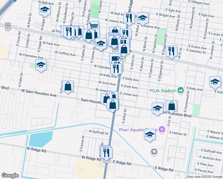 map of restaurants, bars, coffee shops, grocery stores, and more near 524 South Cage Boulevard in Pharr