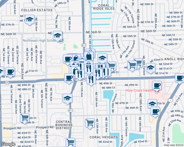 map of restaurants, bars, coffee shops, grocery stores, and more near 5055 Northeast 12th Avenue in Oakland Park