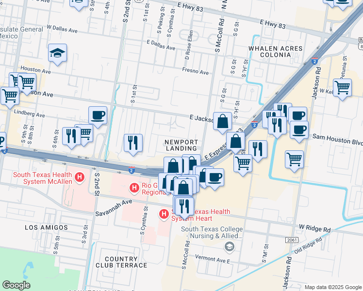 map of restaurants, bars, coffee shops, grocery stores, and more near East Newport Lane in McAllen