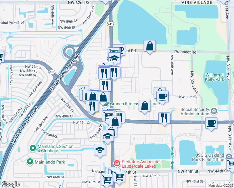 map of restaurants, bars, coffee shops, grocery stores, and more near 5313 Florida 7 in Tamarac