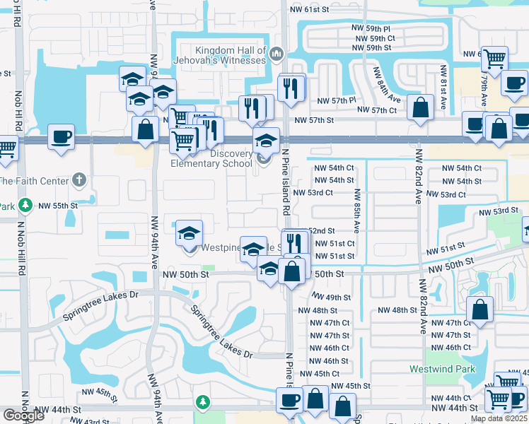 map of restaurants, bars, coffee shops, grocery stores, and more near 8928 Northwest 53rd Court in Sunrise