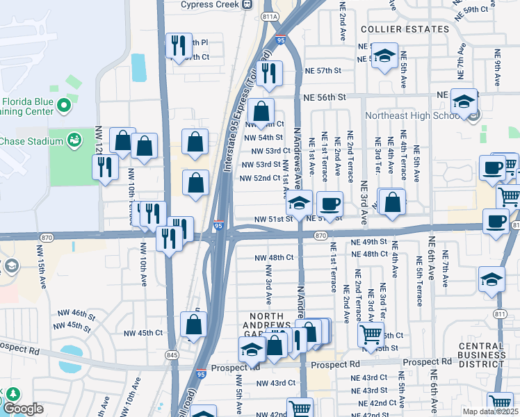 map of restaurants, bars, coffee shops, grocery stores, and more near 320 Northwest 51st Court in Fort Lauderdale