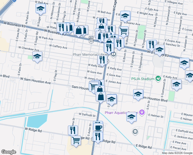 map of restaurants, bars, coffee shops, grocery stores, and more near 524 South Cage Boulevard in Pharr