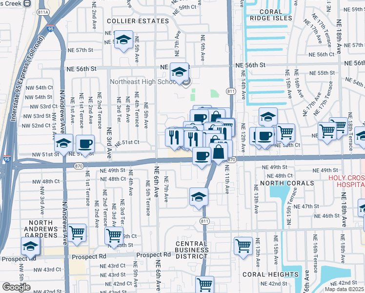 map of restaurants, bars, coffee shops, grocery stores, and more near 959 East Commercial Boulevard in Oakland Park
