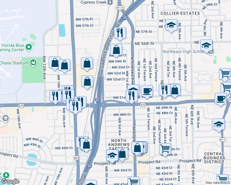 map of restaurants, bars, coffee shops, grocery stores, and more near 320 Northwest 51st Court in Fort Lauderdale