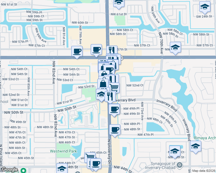 map of restaurants, bars, coffee shops, grocery stores, and more near 5344 North University Drive in Lauderhill