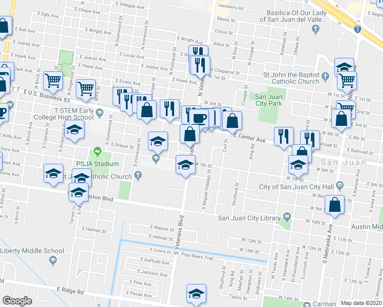 map of restaurants, bars, coffee shops, grocery stores, and more near 607 South Veterans Boulevard in Pharr
