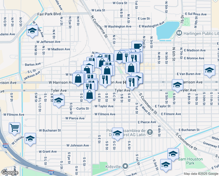 map of restaurants, bars, coffee shops, grocery stores, and more near 414 W Tyler Ave in Harlingen