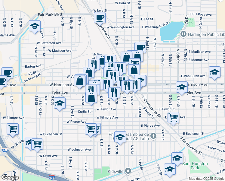 map of restaurants, bars, coffee shops, grocery stores, and more near 414 W Tyler Ave in Harlingen