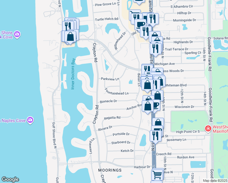 map of restaurants, bars, coffee shops, grocery stores, and more near 655 Fountainhead Lane in Naples