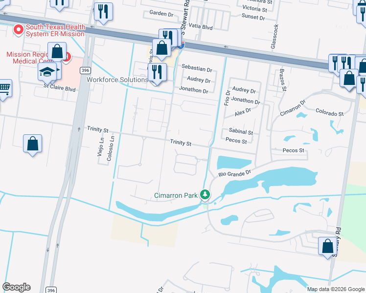 map of restaurants, bars, coffee shops, grocery stores, and more near 1608 Trinity Street in Mission