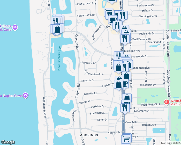 map of restaurants, bars, coffee shops, grocery stores, and more near 655 Fountainhead Lane in Naples