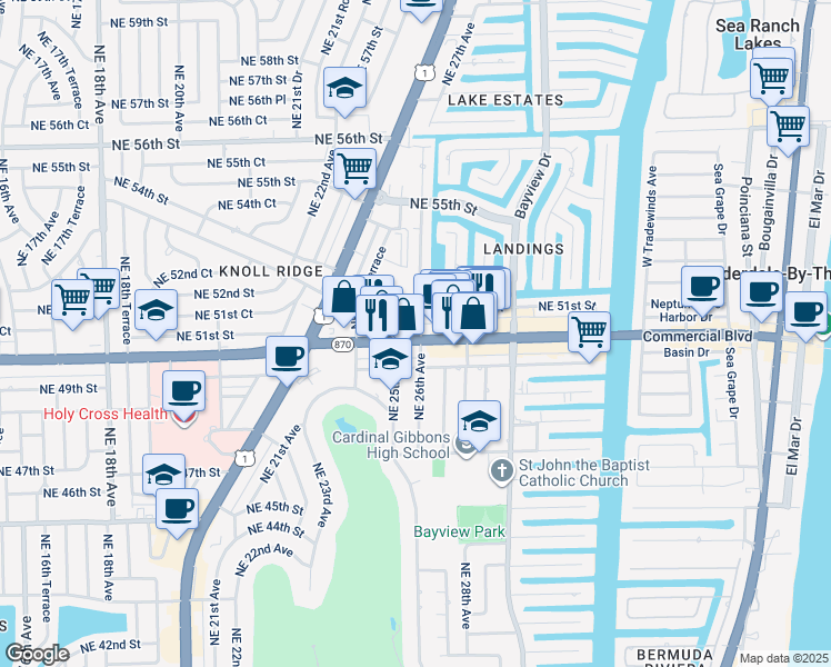 map of restaurants, bars, coffee shops, grocery stores, and more near 2521 Florida 870 in Fort Lauderdale