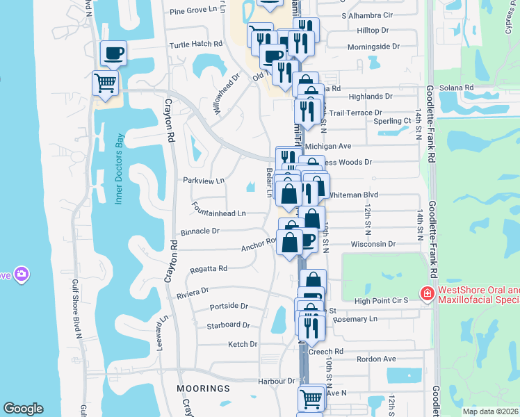 map of restaurants, bars, coffee shops, grocery stores, and more near 777 Fountainhead Lane in Naples