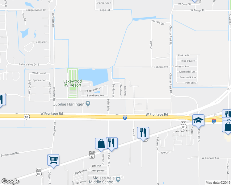 map of restaurants, bars, coffee shops, grocery stores, and more near 25199 Sendero West in Harlingen