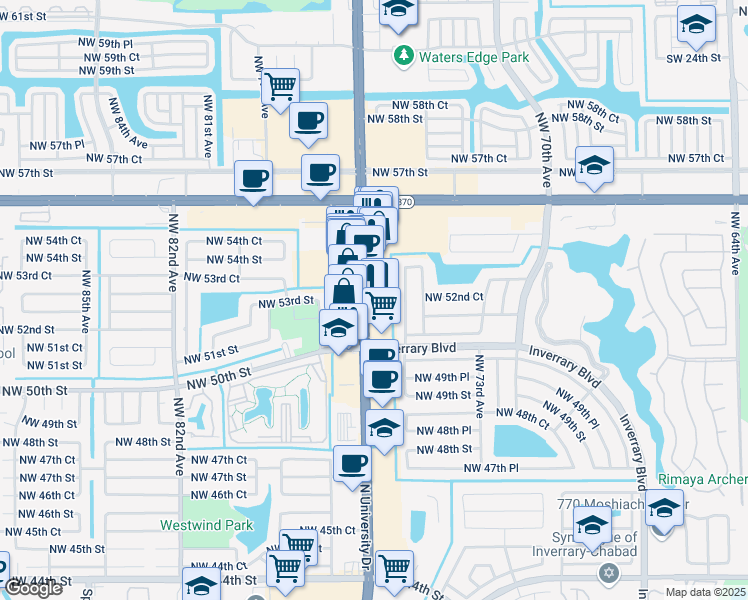 map of restaurants, bars, coffee shops, grocery stores, and more near 5344 North University Drive in Lauderhill