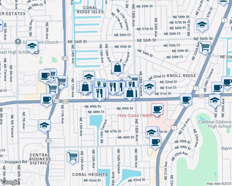 map of restaurants, bars, coffee shops, grocery stores, and more near 2 Northeast 50th Court in Fort Lauderdale