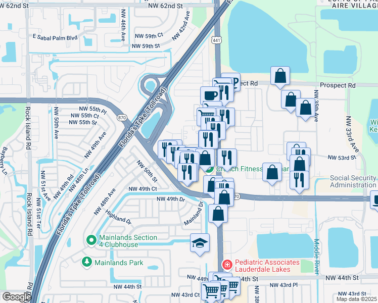 map of restaurants, bars, coffee shops, grocery stores, and more near 5072 Island Club Drive in Tamarac