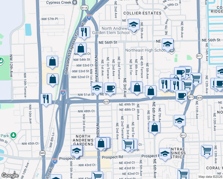 map of restaurants, bars, coffee shops, grocery stores, and more near 170 Northeast 51st Court in Fort Lauderdale