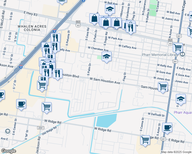 map of restaurants, bars, coffee shops, grocery stores, and more near 1002 West Sam Houston Boulevard in Pharr