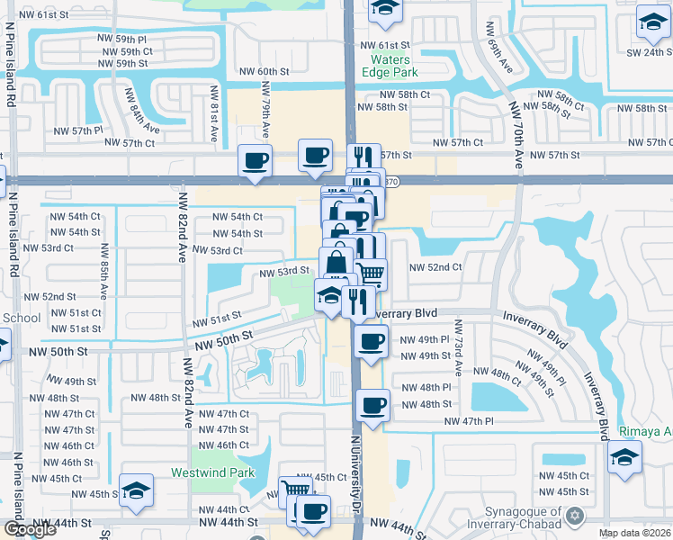 map of restaurants, bars, coffee shops, grocery stores, and more near 5141 North University Drive in Lauderhill