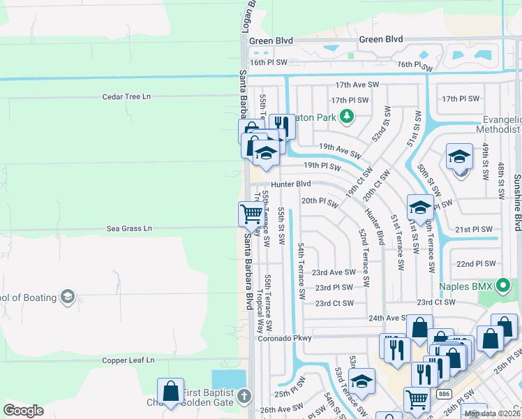 map of restaurants, bars, coffee shops, grocery stores, and more near 2073 55th Terrace Southwest in Naples