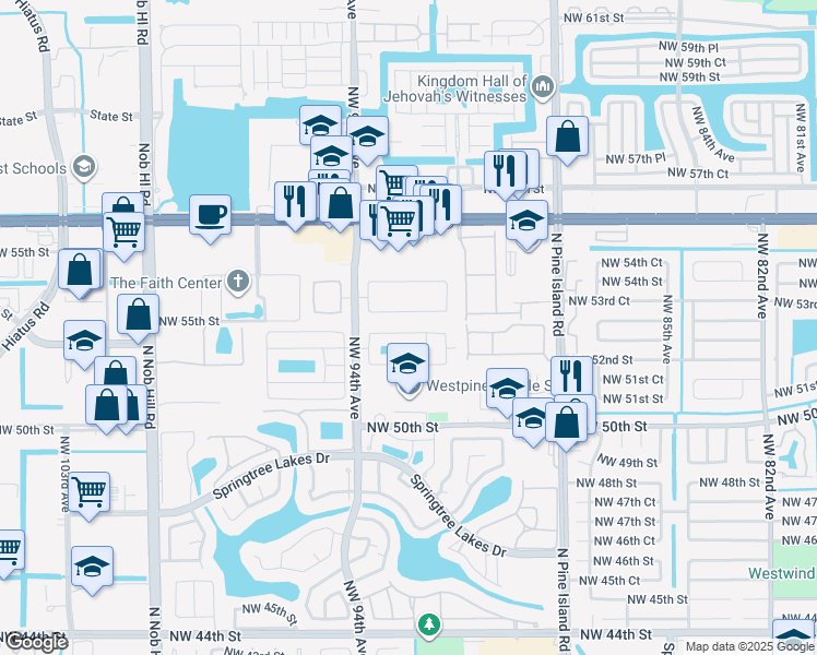 map of restaurants, bars, coffee shops, grocery stores, and more near 9337 Northwest 53rd Court in Sunrise