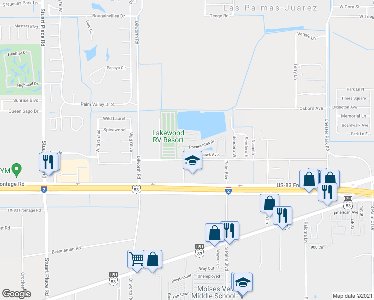 map of restaurants, bars, coffee shops, grocery stores, and more near 77 Pocahontas Dr in Harlingen