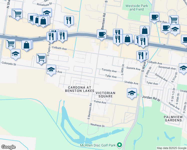 map of restaurants, bars, coffee shops, grocery stores, and more near 2037 South 45th Street in McAllen