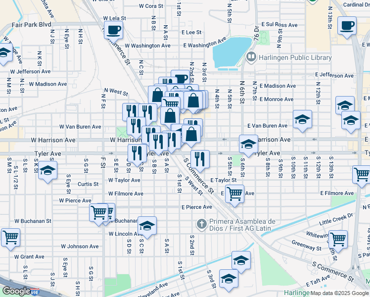 map of restaurants, bars, coffee shops, grocery stores, and more near 118 East Harrison Avenue in Harlingen