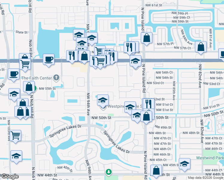 map of restaurants, bars, coffee shops, grocery stores, and more near 9205 Northwest 53rd Court in Sunrise