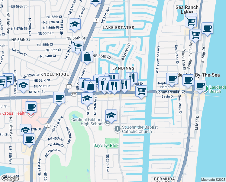 map of restaurants, bars, coffee shops, grocery stores, and more near in Fort Lauderdale