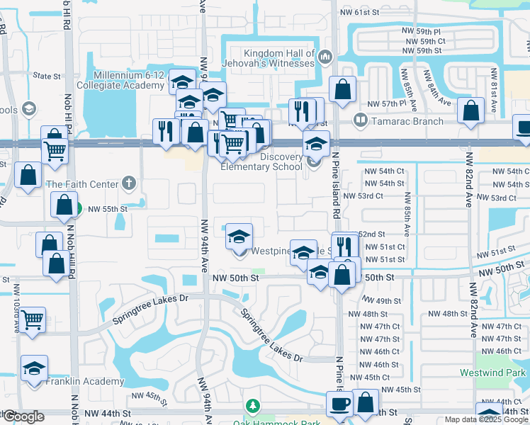 map of restaurants, bars, coffee shops, grocery stores, and more near 9201 Northwest 53rd Court in Sunrise