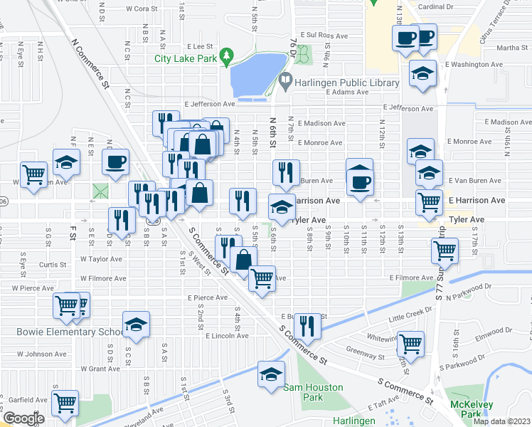 map of restaurants, bars, coffee shops, grocery stores, and more near 513 East Tyler Avenue in Harlingen