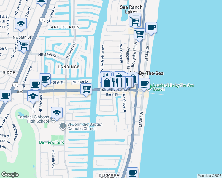 map of restaurants, bars, coffee shops, grocery stores, and more near in Lauderdale-by-the-Sea