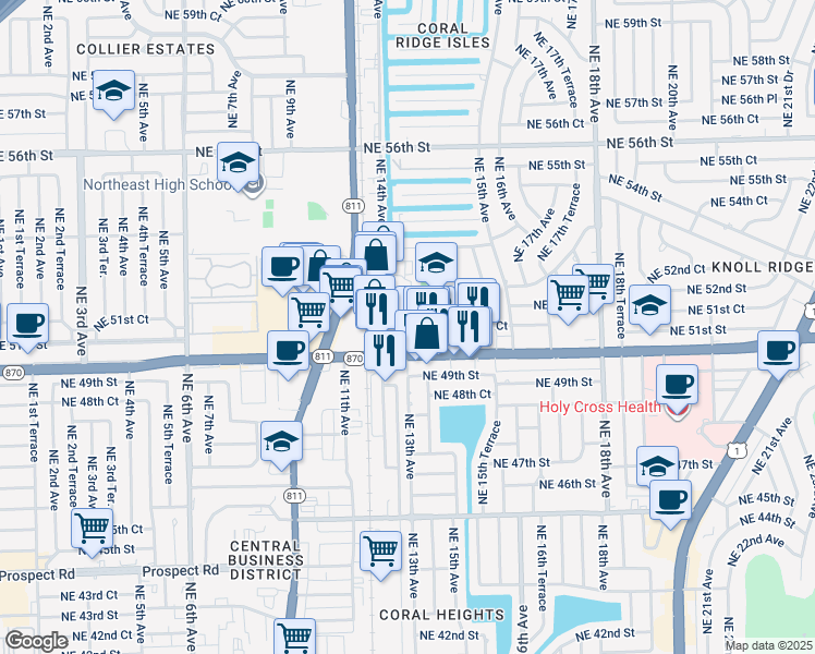 map of restaurants, bars, coffee shops, grocery stores, and more near 418 Northeast 50th Court in Fort Lauderdale
