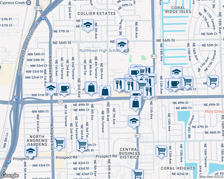 map of restaurants, bars, coffee shops, grocery stores, and more near 5117 Northeast 6th Avenue in Fort Lauderdale