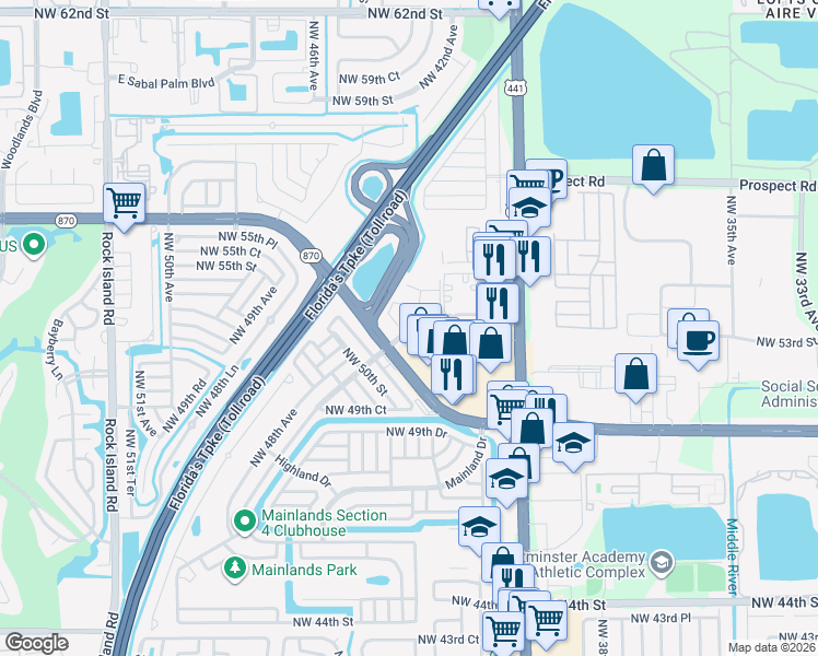 map of restaurants, bars, coffee shops, grocery stores, and more near 4545 Treehouse Lane in Tamarac