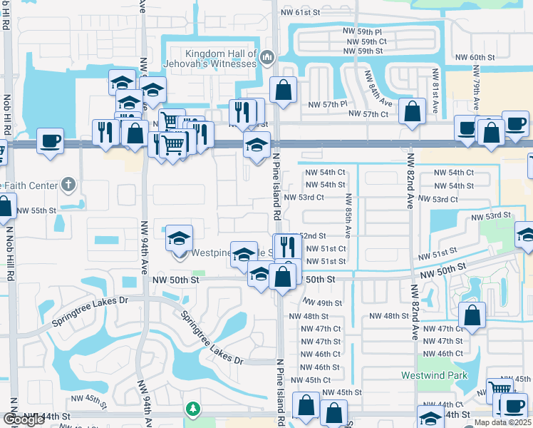 map of restaurants, bars, coffee shops, grocery stores, and more near 8928 Northwest 53rd Court in Sunrise