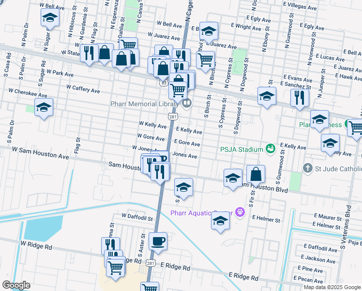 map of restaurants, bars, coffee shops, grocery stores, and more near 110 East Gore Avenue in Pharr