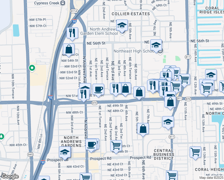 map of restaurants, bars, coffee shops, grocery stores, and more near 5141 Northeast 3rd Avenue in Fort Lauderdale