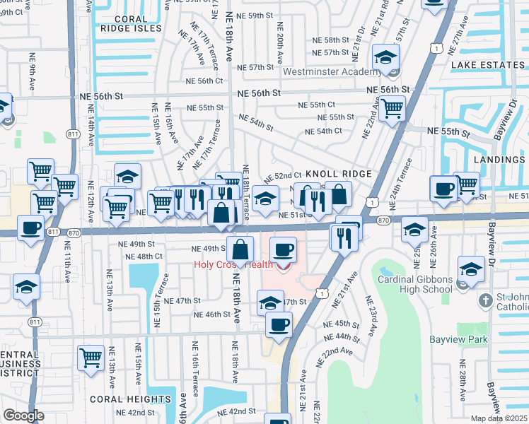 map of restaurants, bars, coffee shops, grocery stores, and more near 1901 Northeast 51st Street in Fort Lauderdale