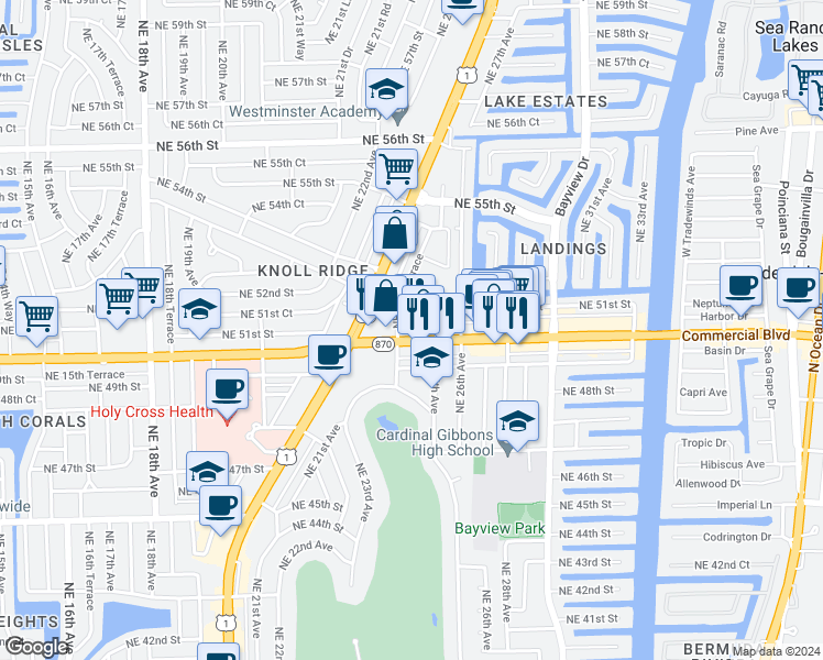 map of restaurants, bars, coffee shops, grocery stores, and more near 2461 East Commercial Boulevard in Fort Lauderdale