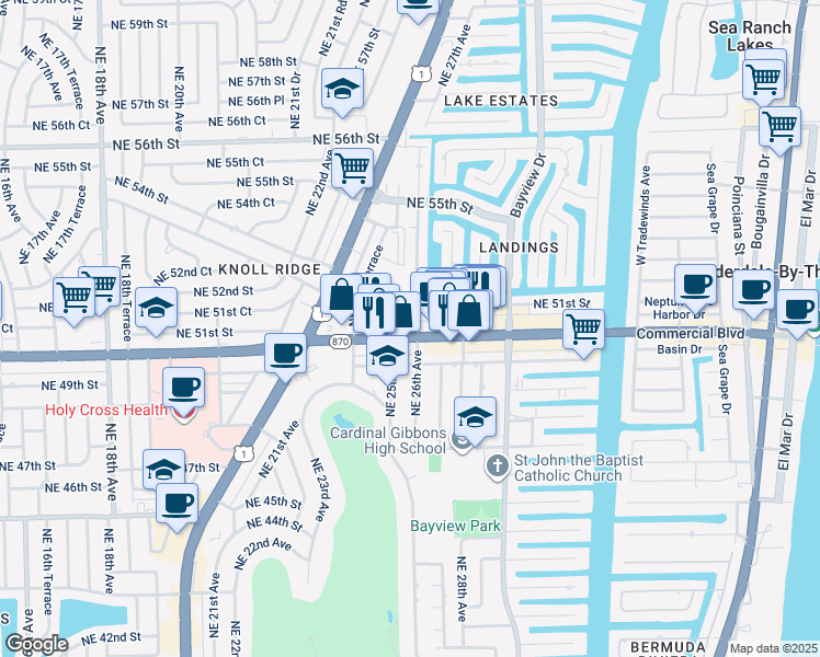 map of restaurants, bars, coffee shops, grocery stores, and more near 2521 Florida 870 in Fort Lauderdale