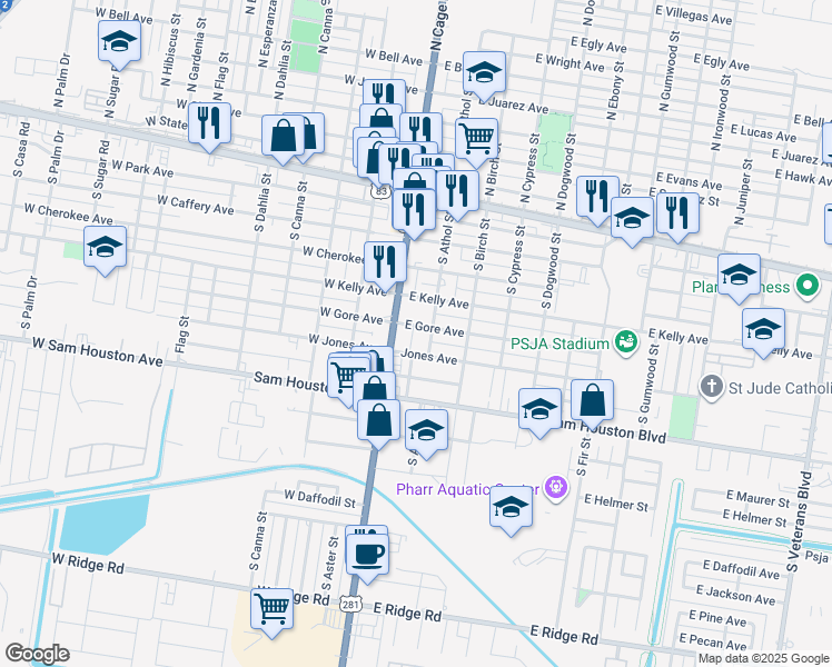 map of restaurants, bars, coffee shops, grocery stores, and more near 110 East Gore Avenue in Pharr