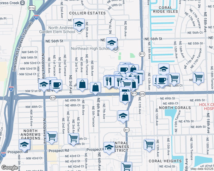 map of restaurants, bars, coffee shops, grocery stores, and more near 5186 Northeast 6th Avenue in Oakland Park