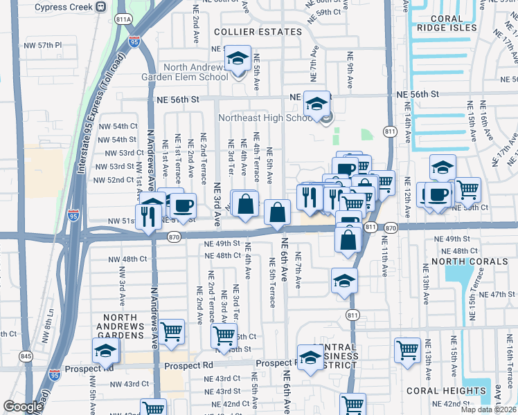 map of restaurants, bars, coffee shops, grocery stores, and more near 450 Northeast 51st Court in Fort Lauderdale