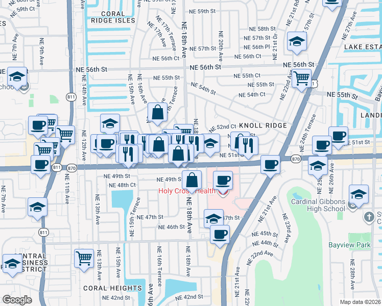 map of restaurants, bars, coffee shops, grocery stores, and more near 5110 Northeast 18th Avenue in Fort Lauderdale