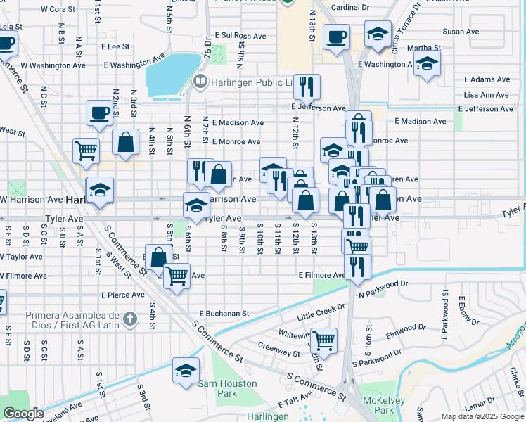 map of restaurants, bars, coffee shops, grocery stores, and more near 921 East Tyler Avenue in Harlingen