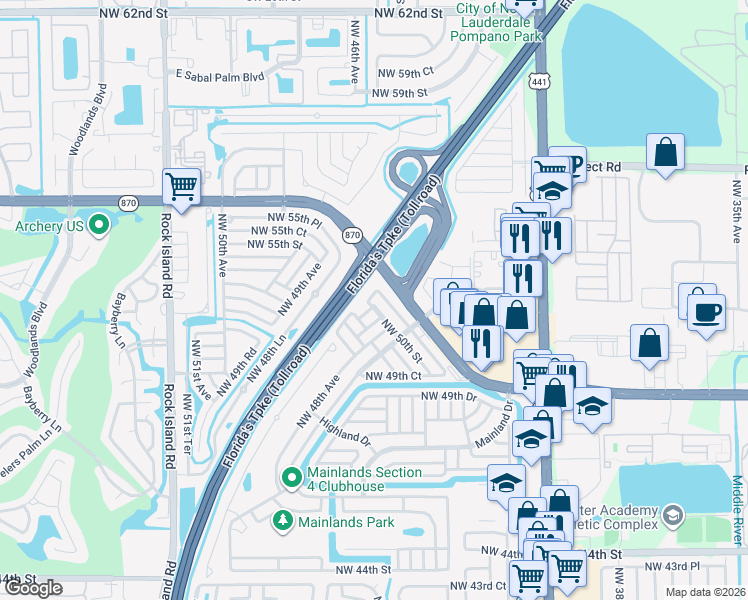 map of restaurants, bars, coffee shops, grocery stores, and more near 4815 Northwest 50th Street in Tamarac